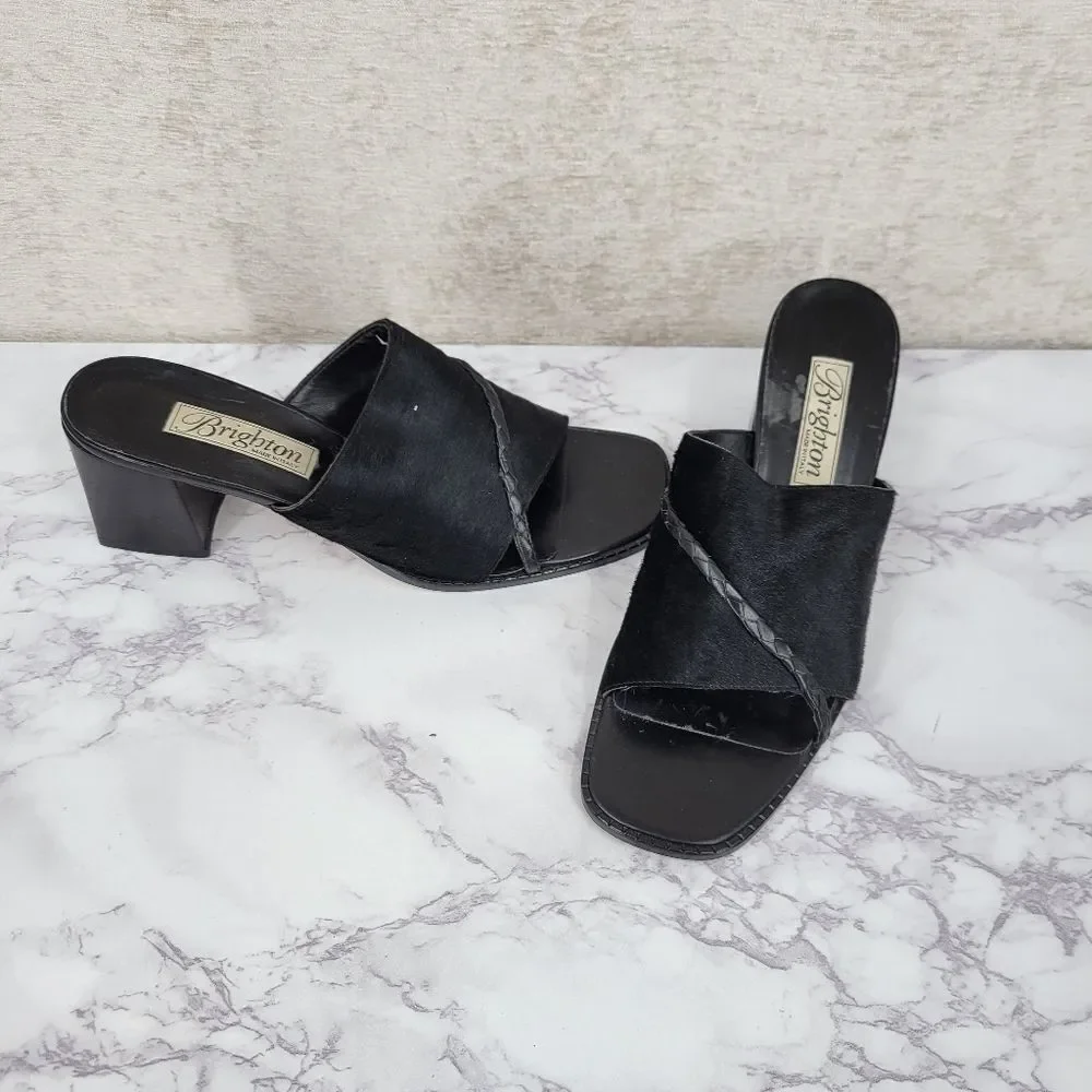 Brighton Tilly Italian Leather Calf Hair Women's Black Heeled Sandals Mules